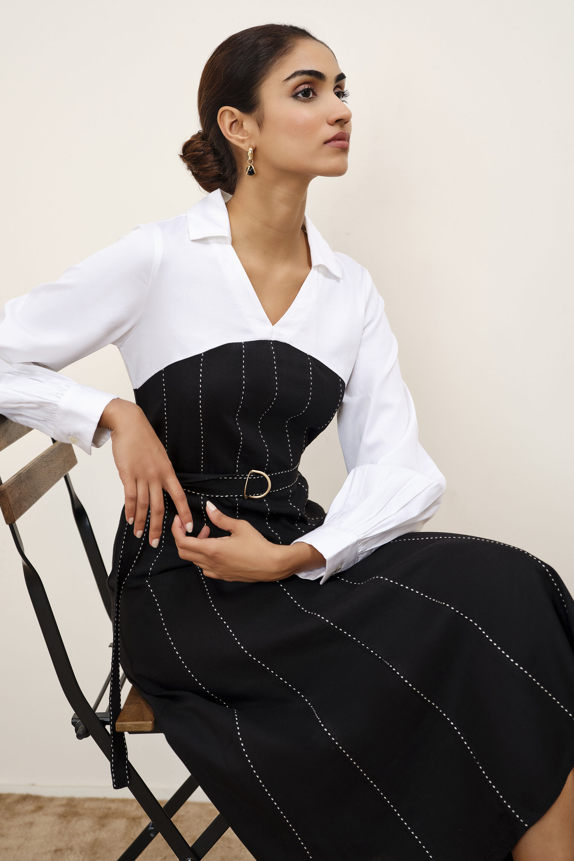 Dual-Tone Shirt Dress, White, image 3